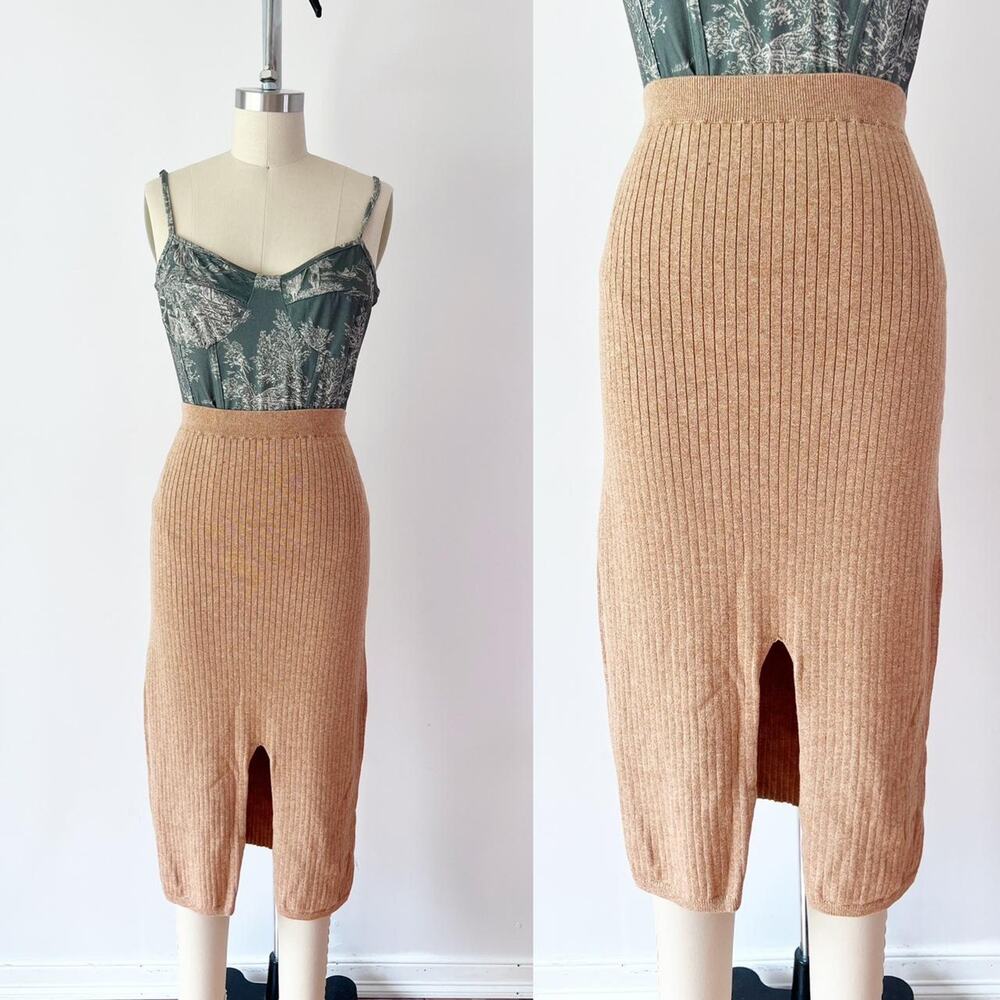 Free People Ribbed Knit‎ Midi Skirt Camel Tan Front Slit Size Medium